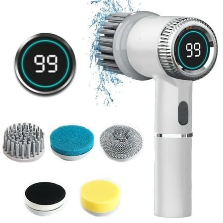 White cleaning tool with digital display and various cleaning heads on a white background