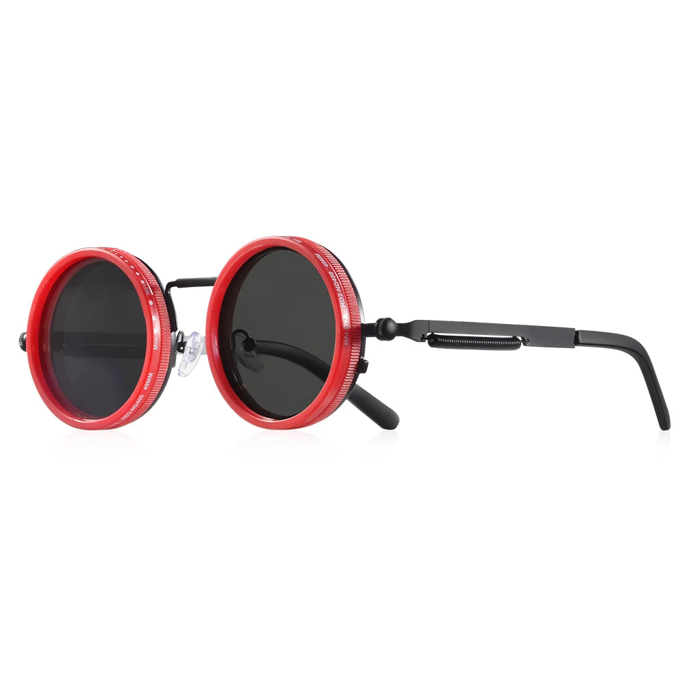 Round sunglasses with red frames and black lenses on a white background