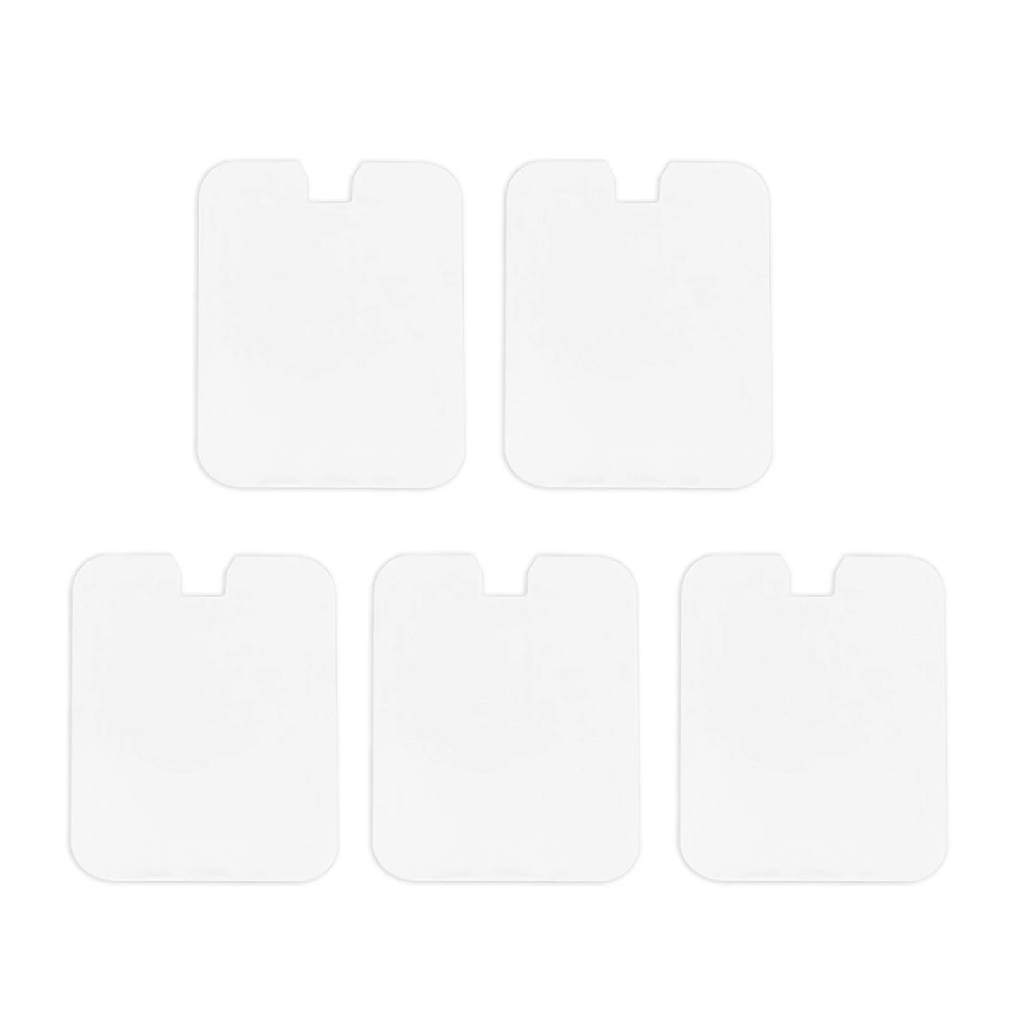 Five clear plastic screen protectors on a white background