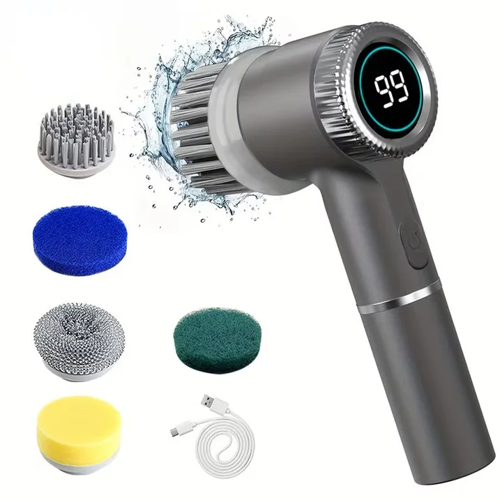 Gray cleaning device with digital display and various attachments on a white background