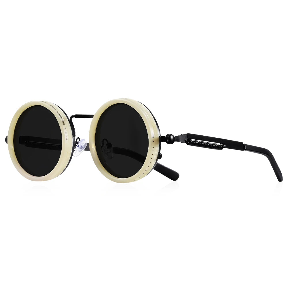 Round sunglasses with black lenses and beige frames on a white background