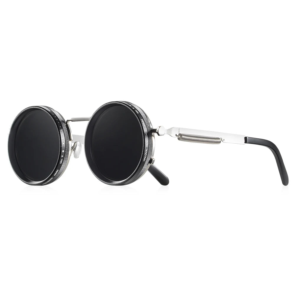 Round sunglasses with black lenses and silver frames on a white background