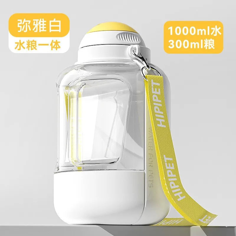 Clear  pet water bottle with yellow accents and strap on a white background