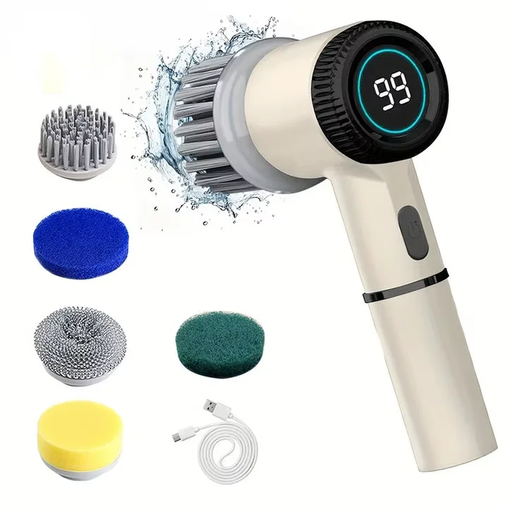 Handheld cleaning tool with digital display and various attachments on a white background