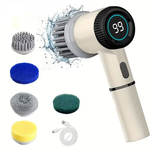 Handheld cleaning tool with digital display and various attachments on a white background