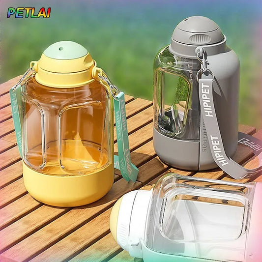 "Portable 1.5L dog water bottle with built-in food cup"