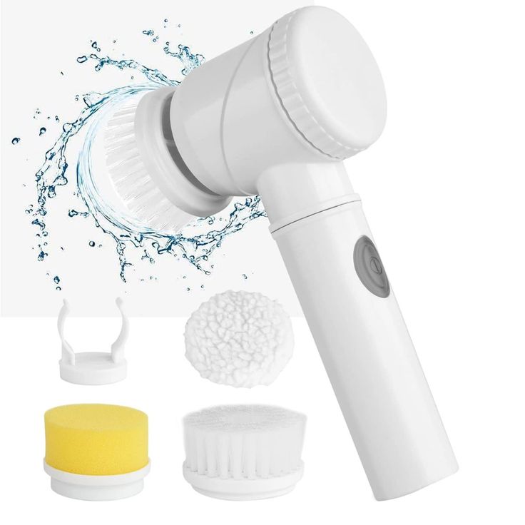 White handheld cleaning brush with attachments on a white background